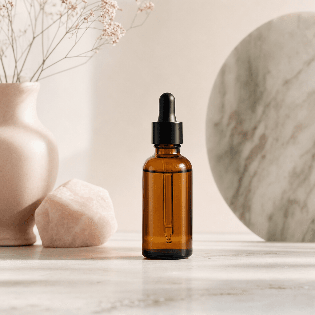 Even Serum glass dropper bottle reflecting soft morning light on a stone surface