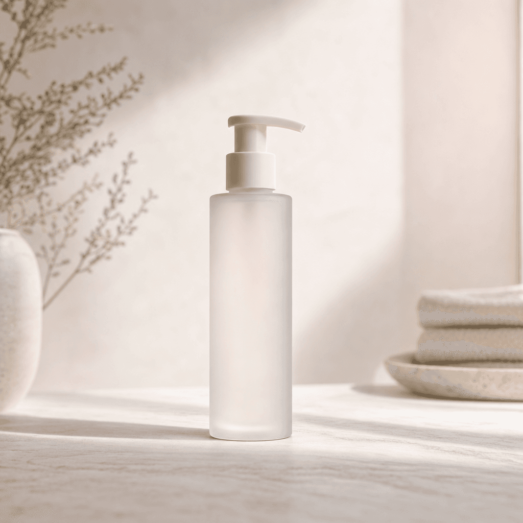 Quiet Cleanse gel-to-milk cleanser in a minimalist pump bottle on a porcelain surface